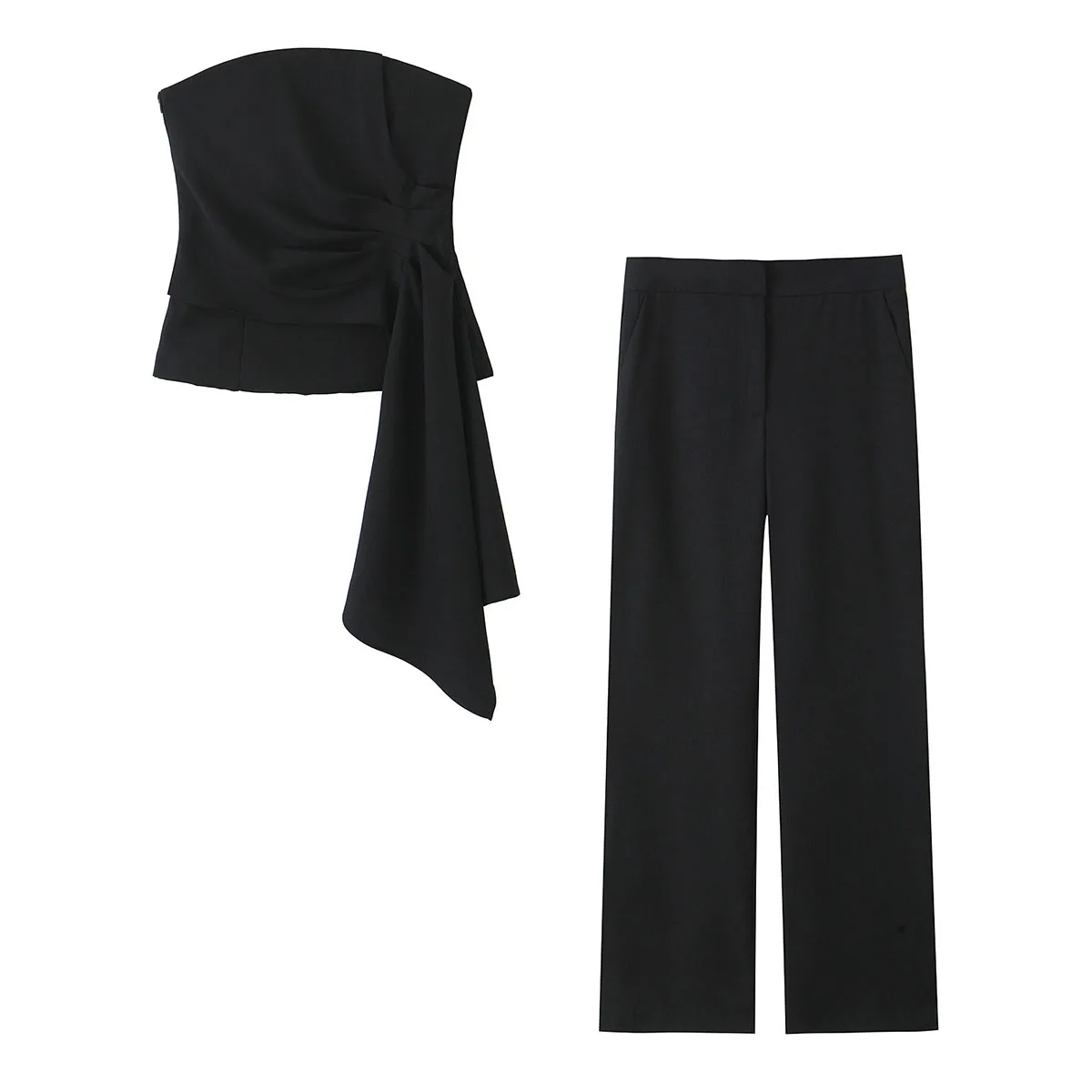 HH TRAF Moda Mujer Diseño asimétrico Pliegues Cremallera Lateral Chaleco Corto Top + 2024 Bolsillos Sólidos Traje de Pantalón Casual de Cintura Alta Pierna Ancha