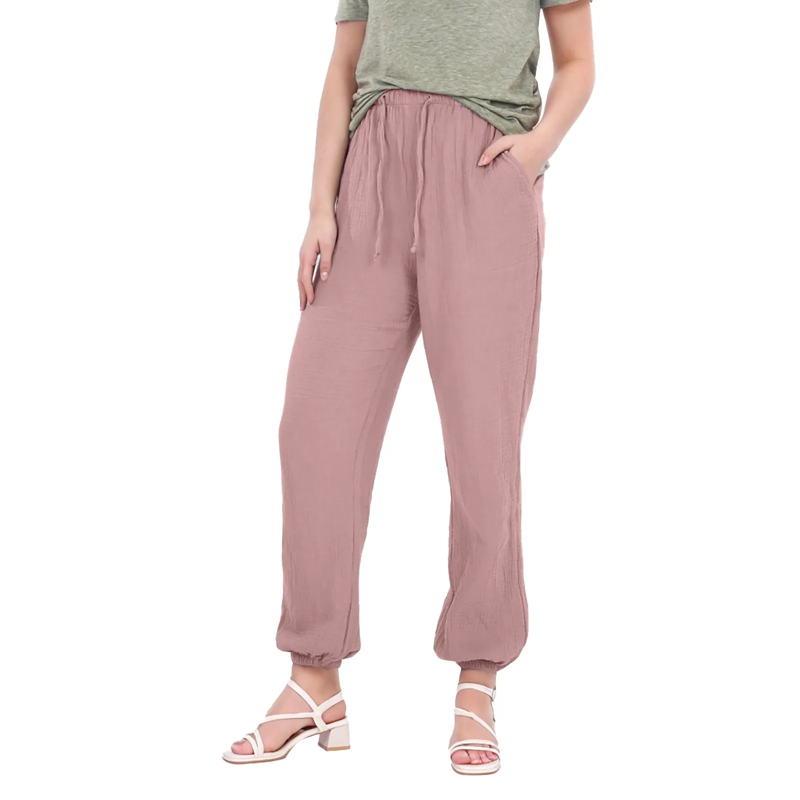 2024 Womens Spring Summer Pants Cotton Linen Solid Elastic waist Candy Colors Harem Trousers Casual Female Pants Pantalone jeans woman was thin high waisted old fashioned trousers new straight loose wide leg harem plus size mom jeans womens clothing