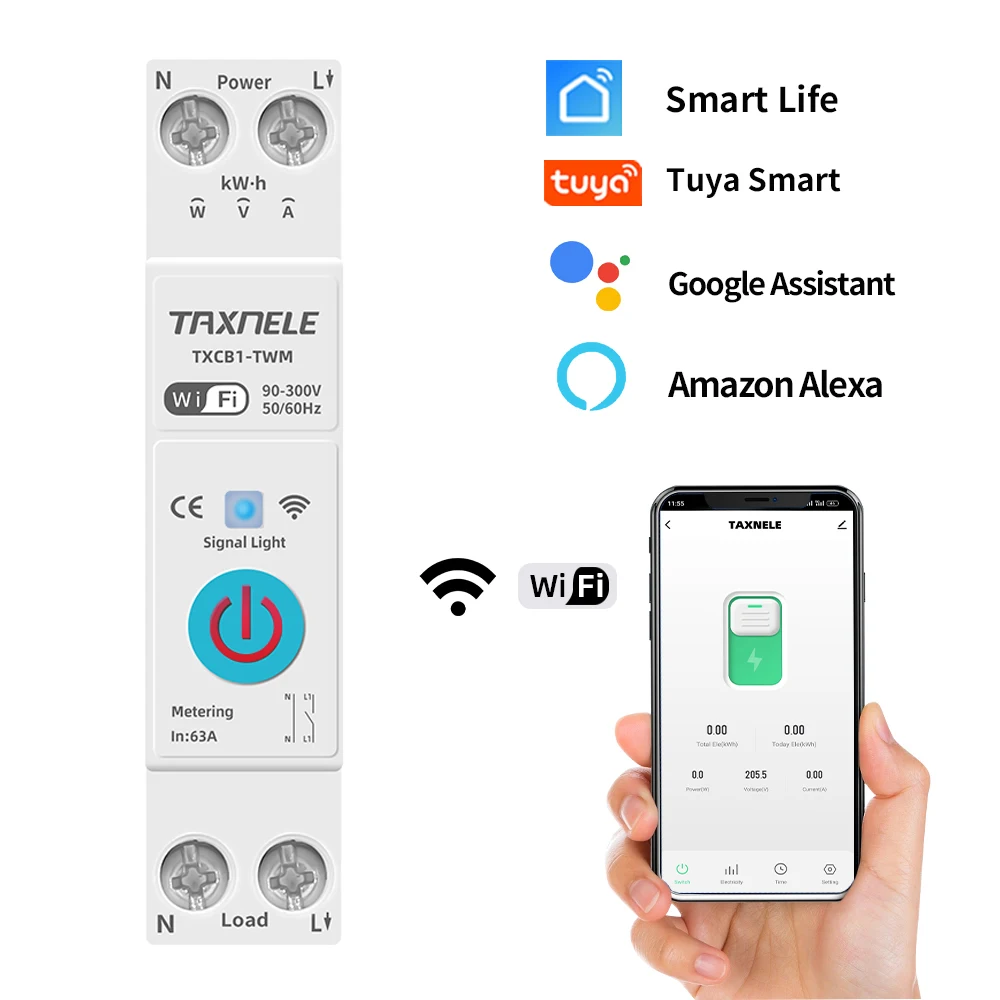 

63A TUYA WIFI Smart Switch 1P Circuit Breaker Energy Meter KWh Power Metering Timer Relay MCB Remote Control Switch Smart Life