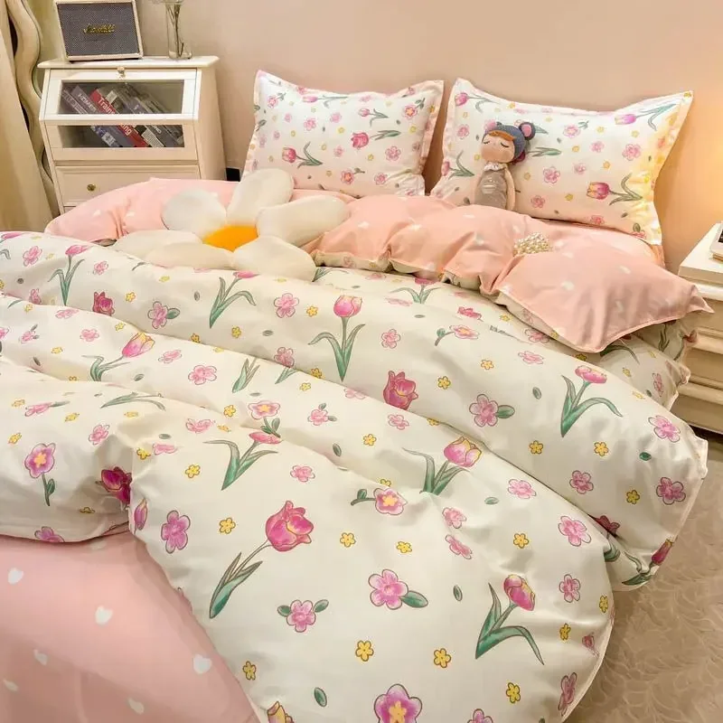 

Rushed Tulips Duvet Cover Set With Flat Sheet Pillowcases Fashion Twin Double Kit Bedding Size Linen Soft Boys Girls Bed Queen