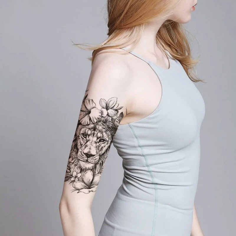 

Waterproof Temporary Tattoo Sticker Black Cute Lion Flowers Leaves Fake Tattoos Flash Tatoos Arm Legs Body Art for Women Men