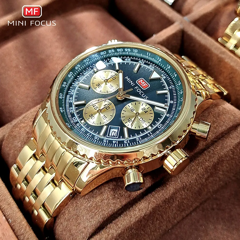 

MINI FOCUS Stainless Steel Quartz Watches Men Gold Green Waterproof Lumnous Wristwatch with Chronograph 24-hour Auto Date 0463