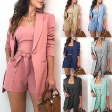 

3pcs/Set Office Lady Outfits Blazer Set Women Solid Color Blazer Coat Shorts Vest Set Woman Long Sleeve Sexy Suit Summer Clothes