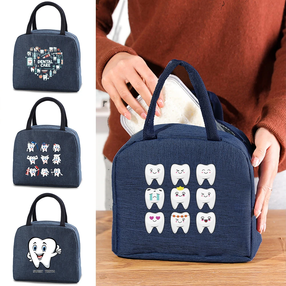 

Child Lunch Bag Breakfast Thermal Food Storage Insulation Cooler Bags for Women Kid Lunch Box Picnic Travel Portable Teeth Print