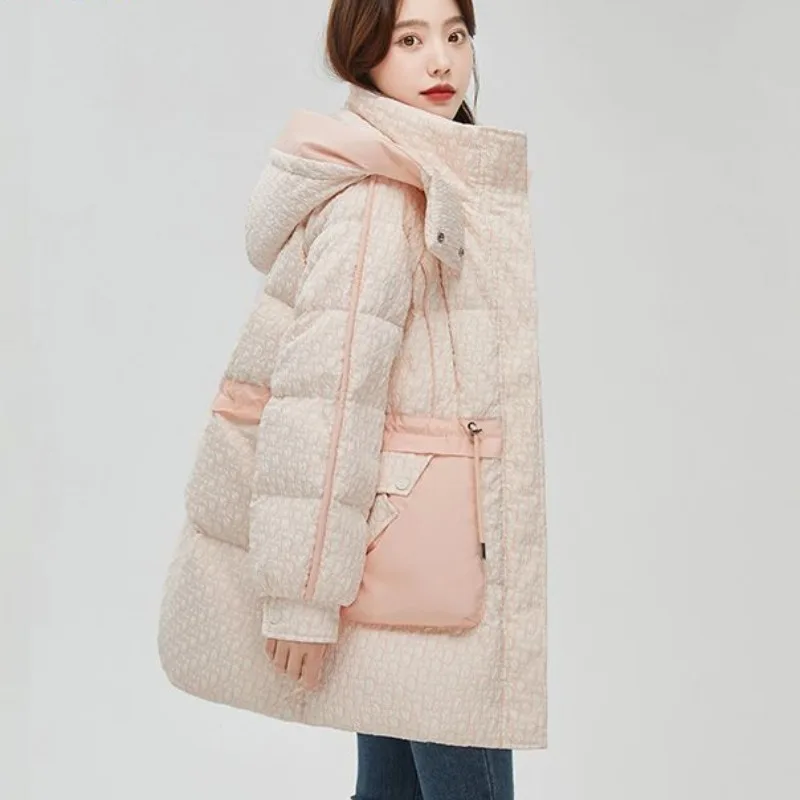 Women White Duck Down Jacket Winter Coat Female Keep Warm Thick Parkas Loose Mid Length Version Outwear Fashion Hooded Overcoat