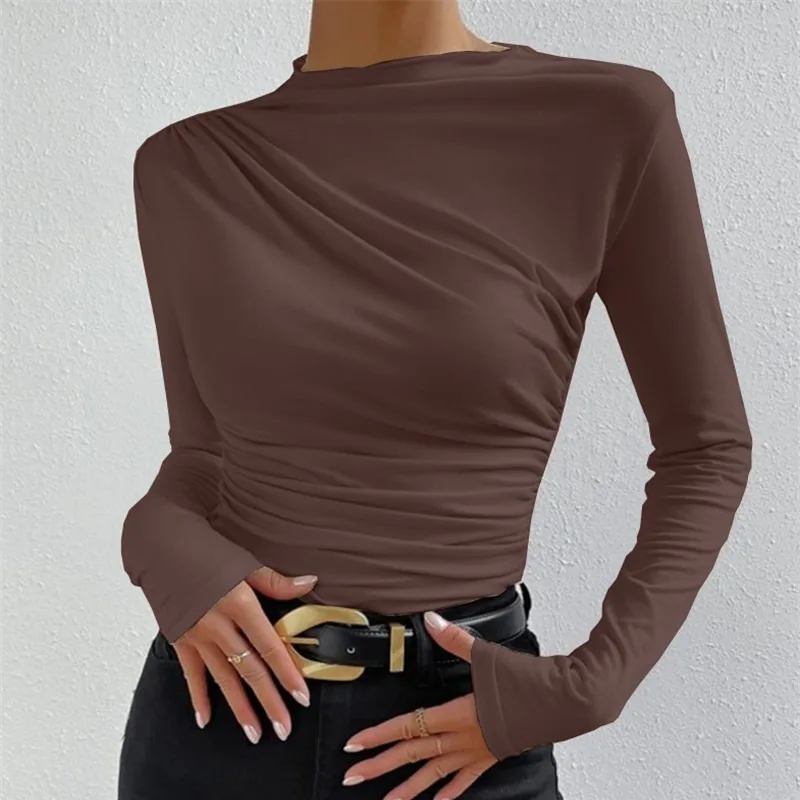 

European and American solid color slim fit bottom shirt with pleated design sense, long sleeved women's T-shirt
