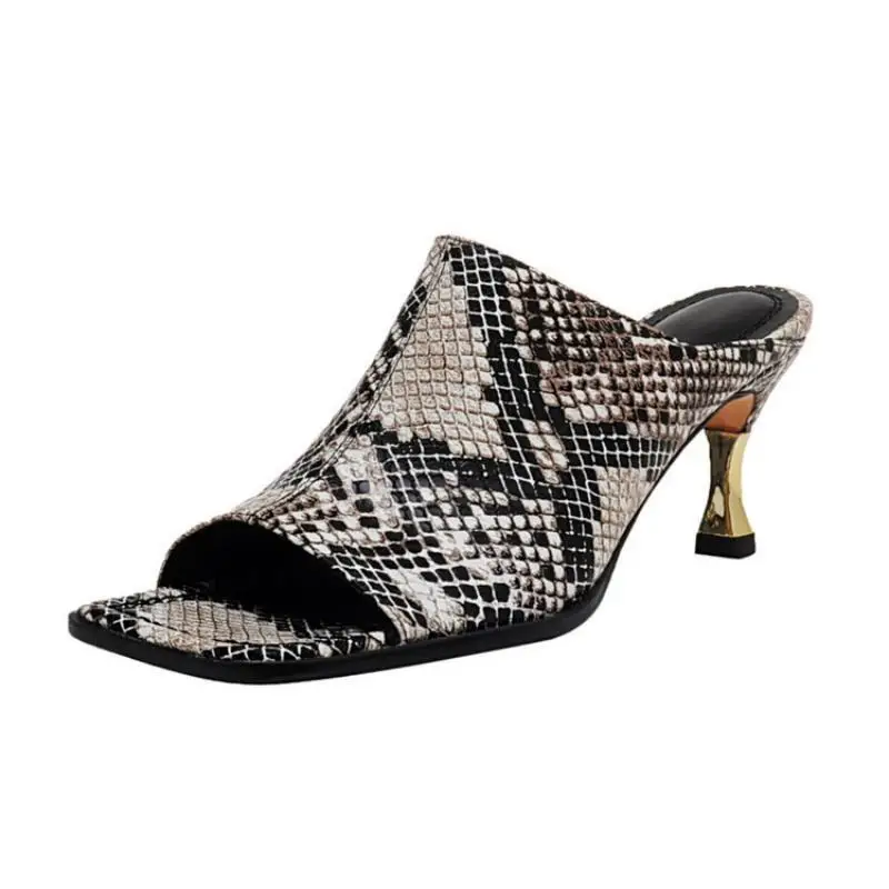 Korea cowhide fashion snake pattern slippers female Europe & USA flat head high-heeled slippers 2024 spring & summer new models