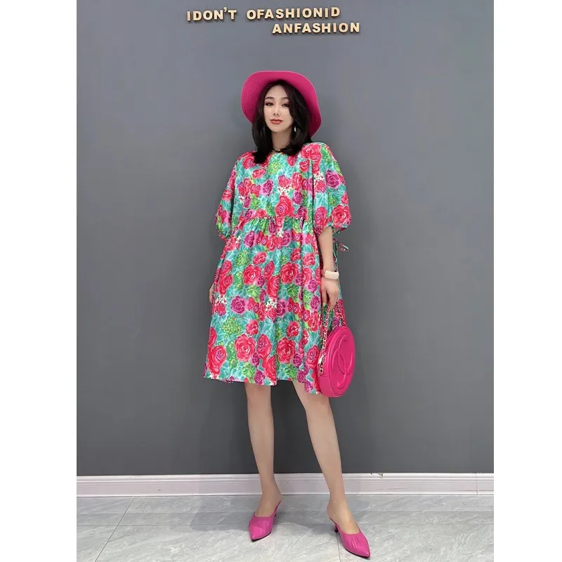 

Women Crew Neck Short Sleeve Dress Loose Leisure Mid-length Flowers Dress