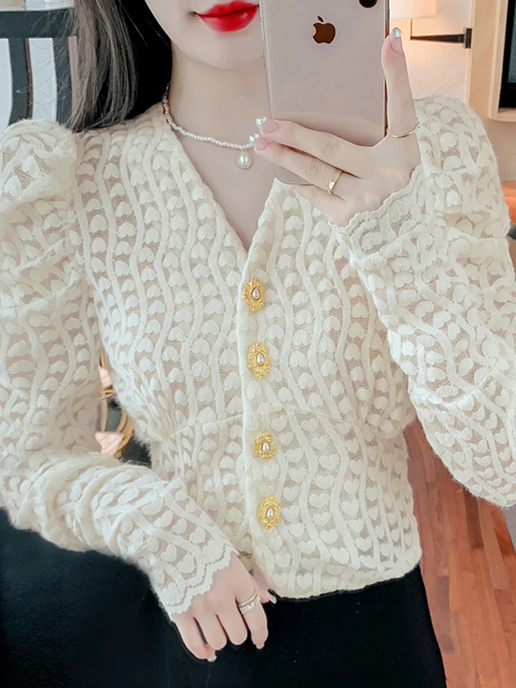 

French V-neck Women Lace Shirt Korean Clothing Fashion Office Lady Crochet White Bottoming Solid Long Sleeve Chic