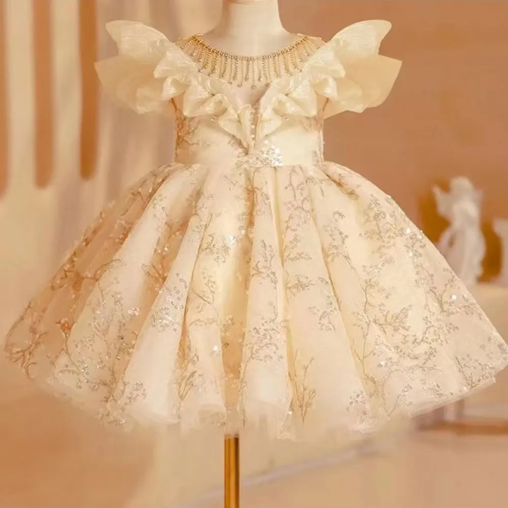 【即発送可能】bibiy GAELLE DRESS BEIGE Elegant Sage Green Arab Girl Dress Sequined Kids Princess