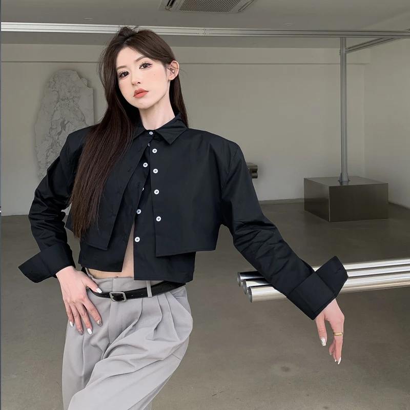2023 New Polo Collar Cropped Shirts Women Fashion Slim Fake Two Shoulder Pads Solid Color Long Sleeve Blouses