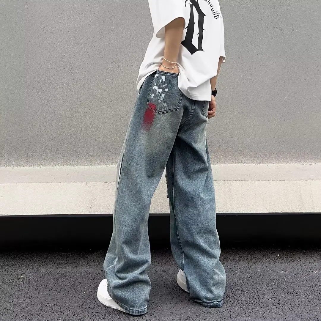 Hip Hop Splash Ink Blue Jeans Distressed Colored Patchwork Denim Pants Men High Street Fashionable Loose Mopping Trousers