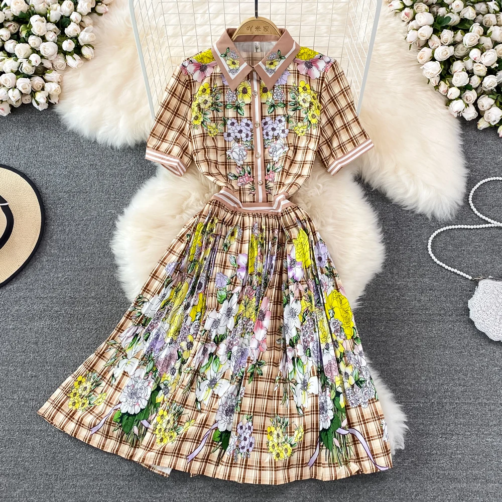 

2022 Summer European and American Retro Ladies Contrast Check Print High Waist Thin Lapel Short Sleeve A-line Pleated Dress