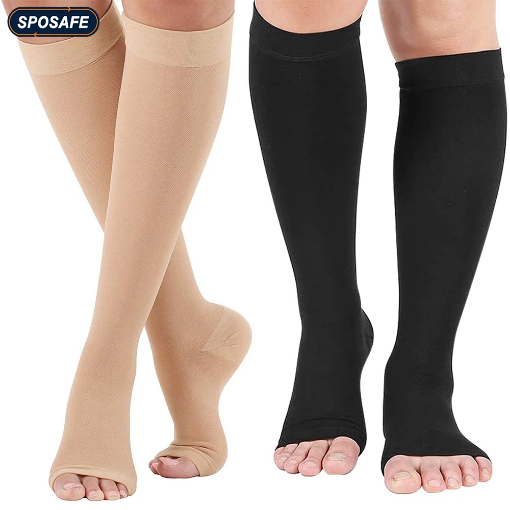 1Pair Sports Calf Compression Socks 20-30 MmHg Knee High Support Stockings Open Toe for Pregnancy, Varicose Veins, Running