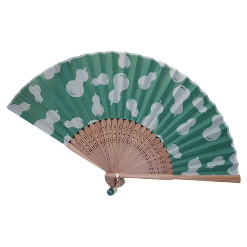 Green Gourd Pattern Chinese Folding Fan - Elegant Vintage Handheld Fan for Women, Summer Hanfu Cheongsam Zen Fan with Tassel