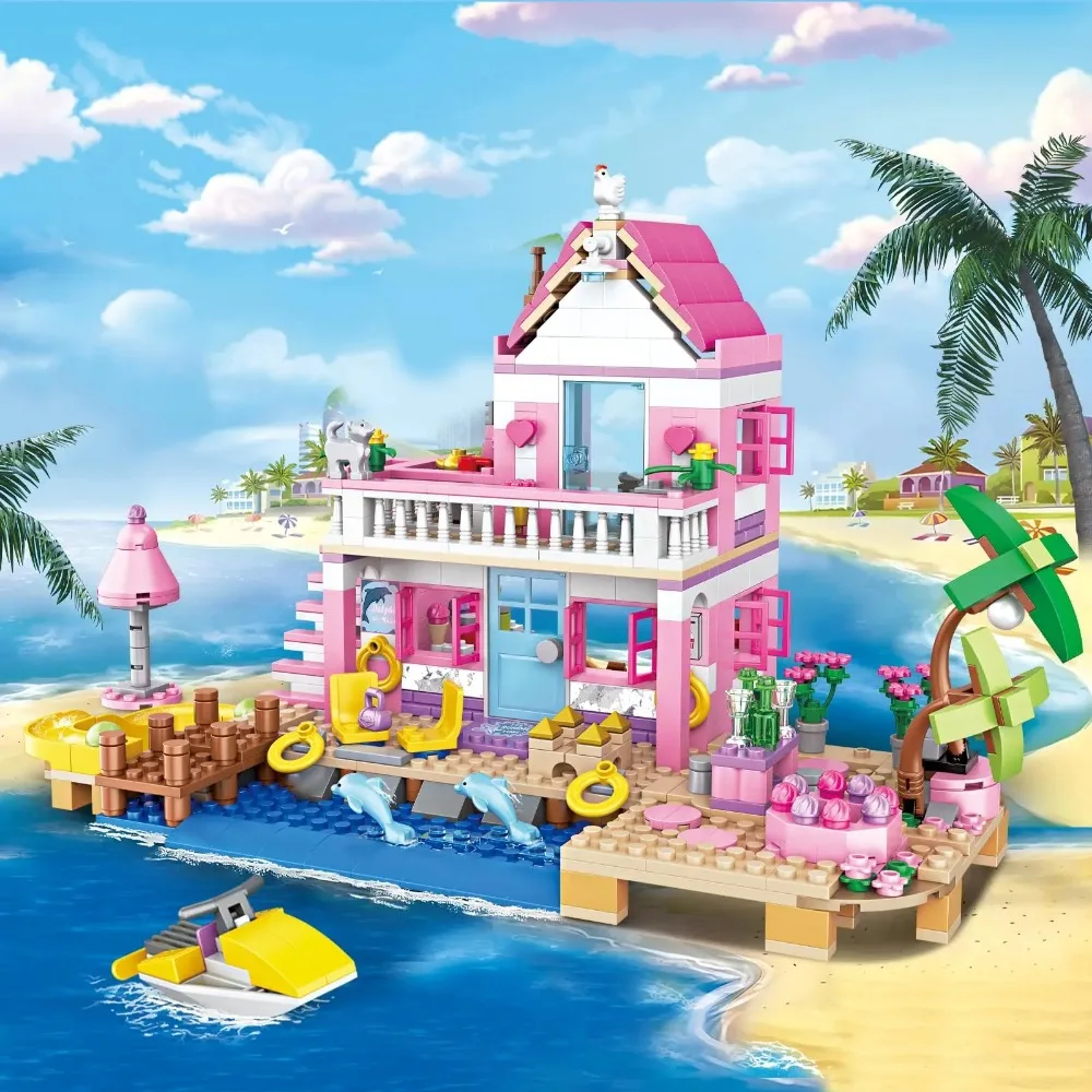 Friends City Baumhaus Sommerferien Villa Schloss Bausteine Garten Schwimmbad Modellfiguren Spielzeug für Kinder_voghion.com