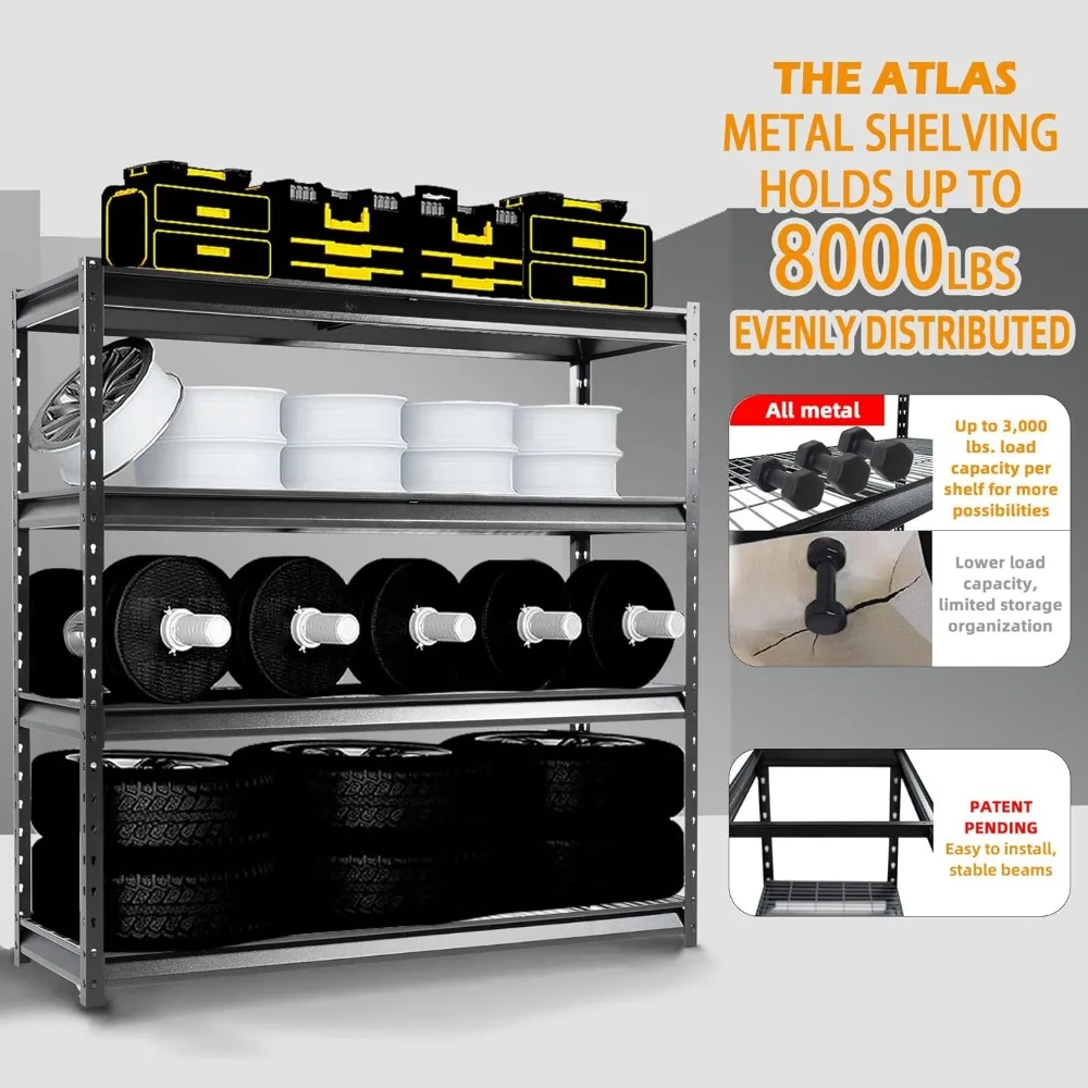 The Atlas 72" W Heavy Duty Garage Shelving Load 8000 Lbs, 4 Tier Metal Storage Shelves, Adjustable Industrial Steel Rack 2