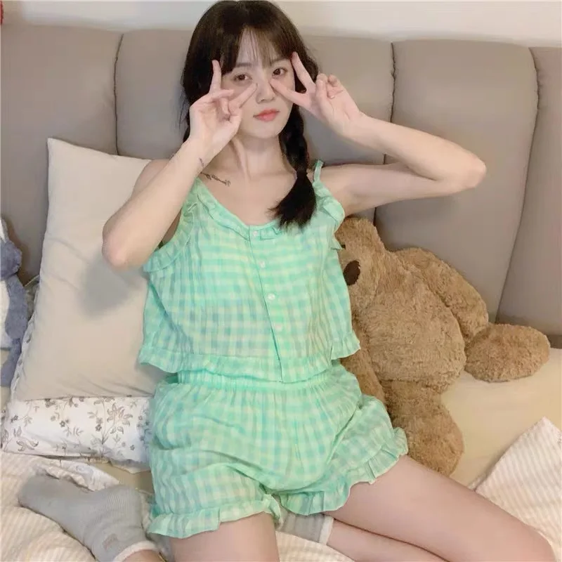 순수 코튼 여름 잠옷 여성의 섹시한 스트랩 짧은 바지 얇은 홈 의류 세트 v 넥 홈 레저 패션 소형 사이즈