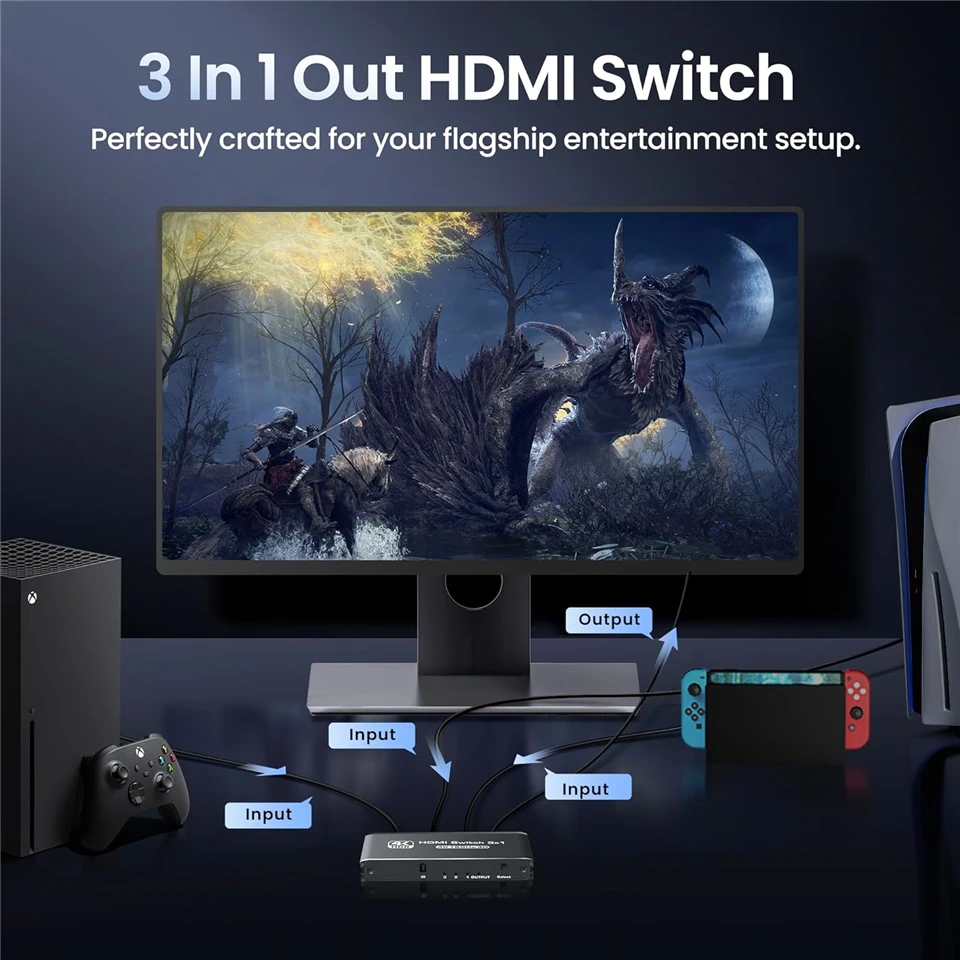 HDMI 2.1 Switcher 8K 60Hz 4K120Hz HDMI-compatible Switch 3 in 1 Out with Remote