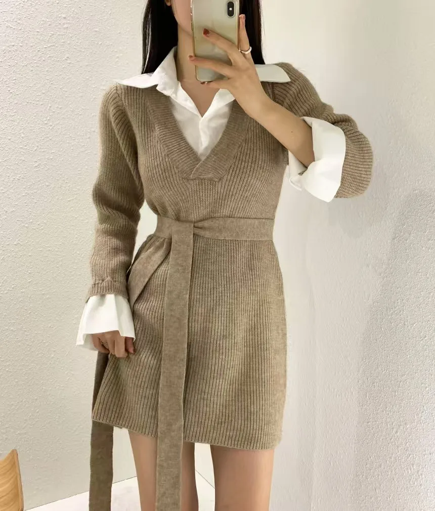 Korean Chic Mini Dresses Women Turn-down Collar Long Sleeve Shirt Patchwork Autumn Winter Knitted Dress Casual Fashion Vestidos