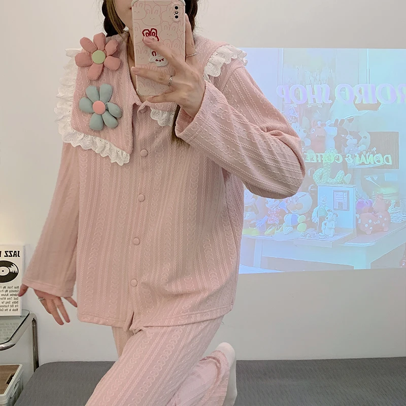 Spring pajamas women's jacquard knitted cotton long-sleeved cardigan girls' pajamas home wear Korean version solid color suit