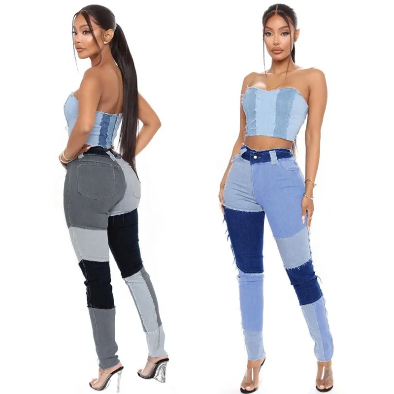 

Fashion Women Patchwork Denim Pants Retro Sexy Jeans Ripped Pencil Panelled Trousers Street Skinny High Waist Lady Jean Pants