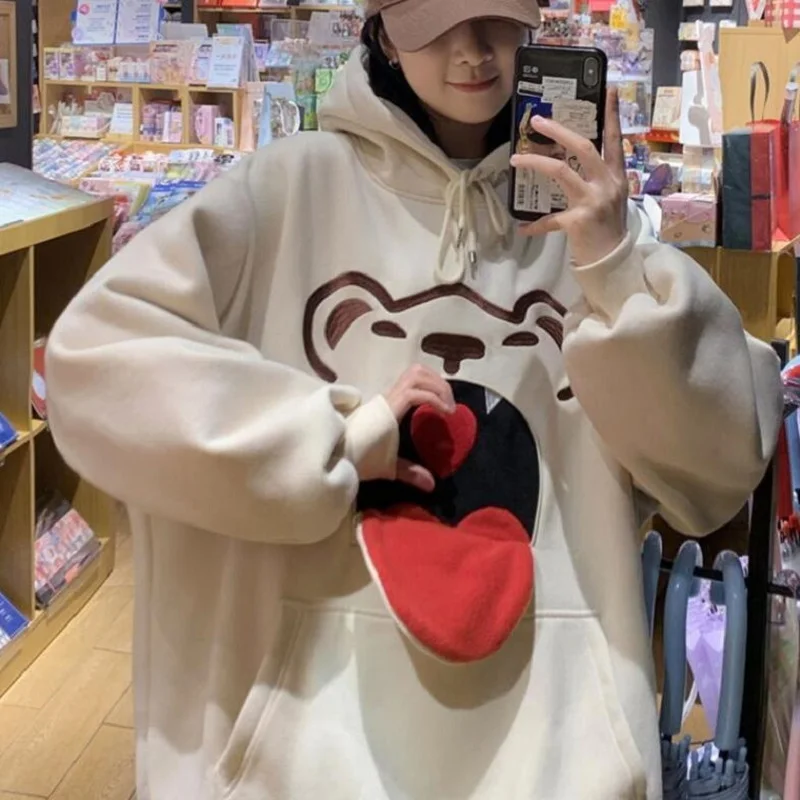

Autumn Lolita Funny Bear Print Oversized Hoodies Women Thin Y2T Sweatshirt Harajuku Tops Long Sleeve Hooded Sweater For Girls