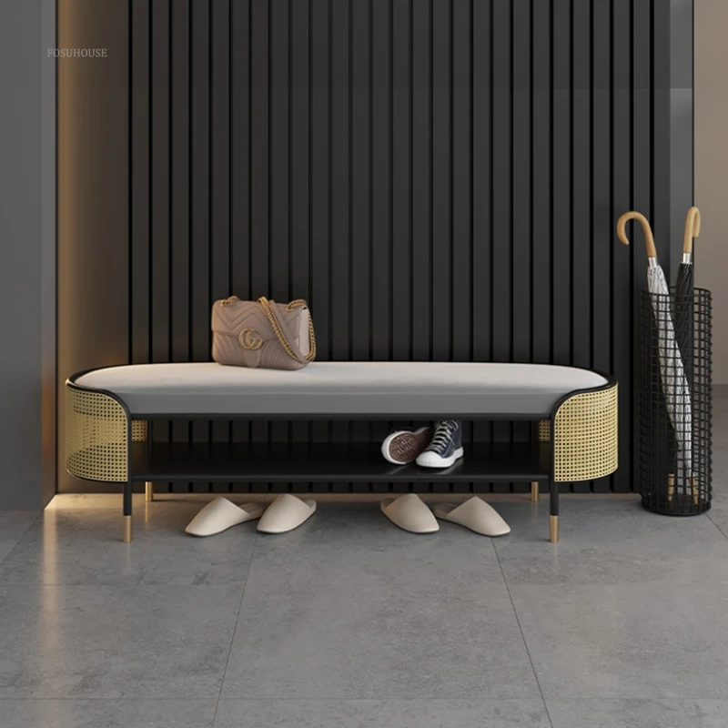 Modern Metal Ottoman for Entrance Hall Long Hollow with Cushion Stools Light Luxury Simple Household Hallway Ottoman for Hotel