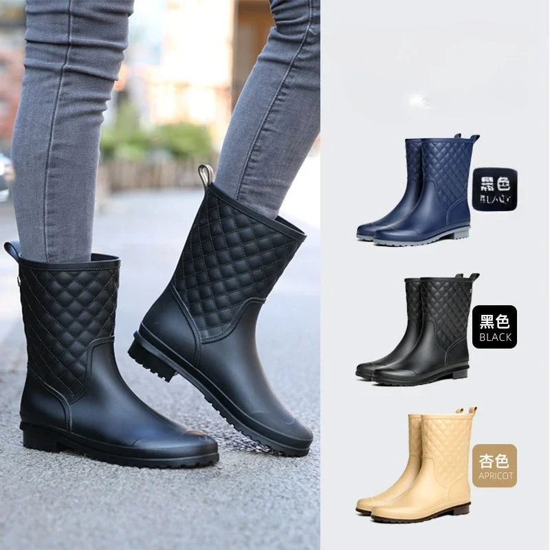 Women Rain Boots Fashion Non-Slip Women Boots Plaid Casual Rubber Shoes Comfor Wear-resistant Women's Waterproof Shoes 2026