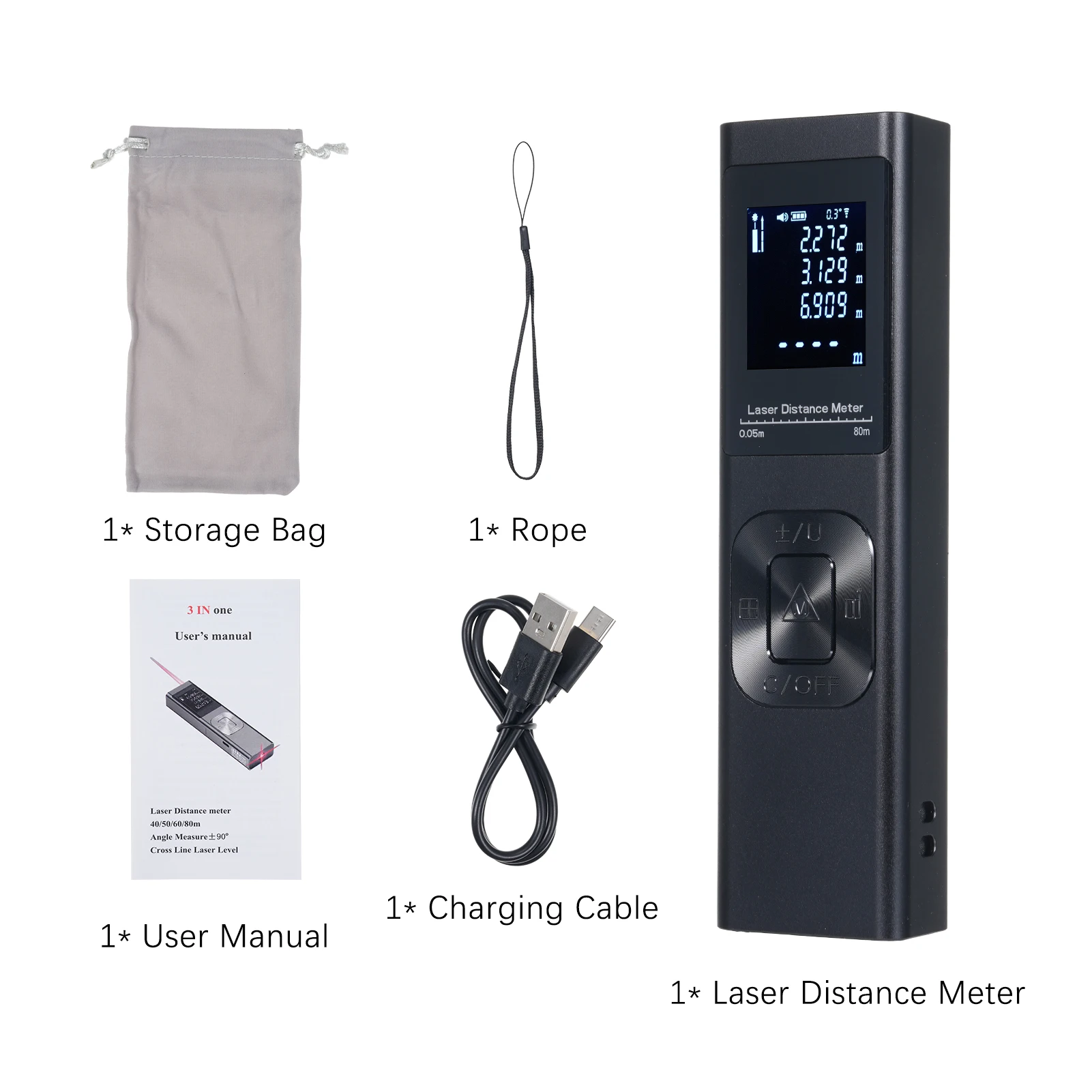 3in1 Laser Distance Meter Angle Measure Cross Line Laser Level Rechargeable Inclinometer Electric Angle Sensor Backlit LCD laser rangefinder distance meter