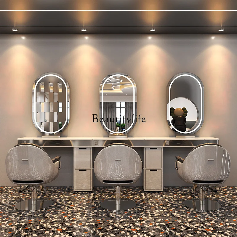 

Single Double-Sided for Hair Salon Marble Haircut Mirror with Light and Cabinet Hair Cutting and Dyeing Table