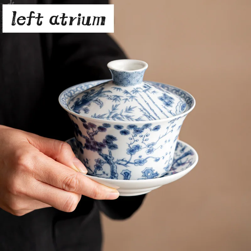 300ml Antique Blue and White Gaiwan Retro Dargon Cup Saucer Tea Tureen Chinese Tea Maker Cover Bowl Services Supplies Craft
