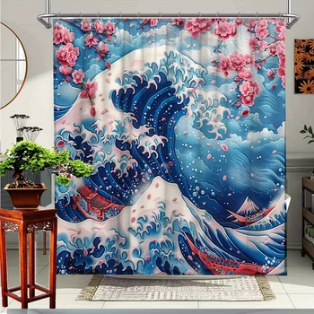 Tenda da doccia con onda di fiori di ciliegio da 1 pezzo - Splendido arredamento da bagno di ispirazione giapponese, tessuto in poliestere con 12 ganci, 1