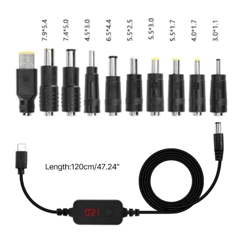 PD to DC Adapter Cable 5V 9V 12V 15V 20V Adjustable Voltage TypeC Male to DC5521 Male Power Cord with 10 Conversion Heads