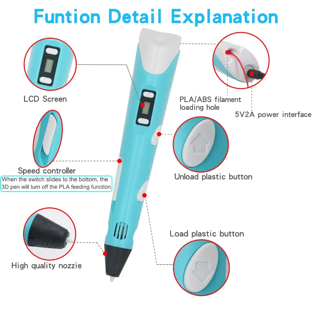 3D Printing Pen 3D Printing Pen Drawing for Kids Adults Creative LCD Display Gel Art Craft Printer PLA ABS Filament