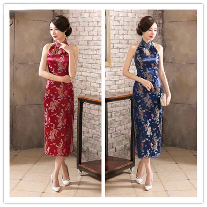 Vintage Lady Sexy Satin Qipao Evening Dress Classic Backless Cheongsam Female Traditional Chinese Wedding Dress Oriental Qipao