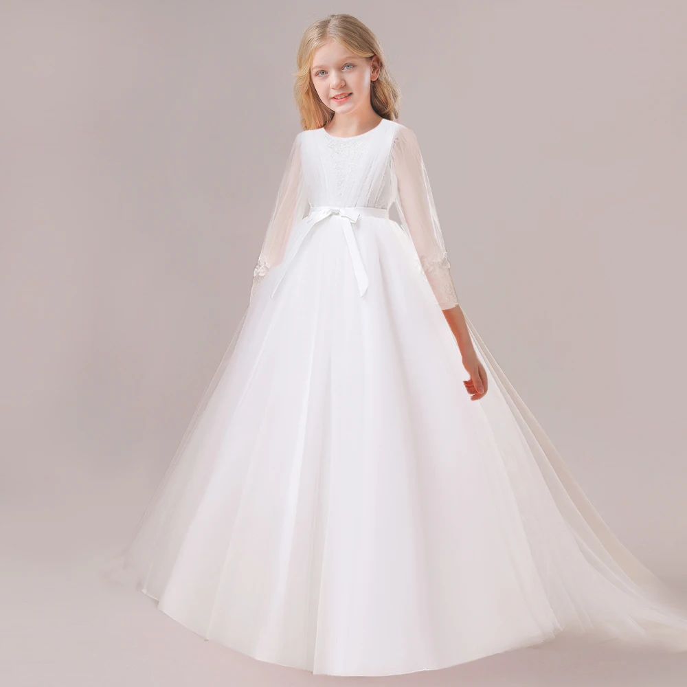 

White Long Sleeve Bridesmaid Dresses Teens Girls Birthday Princess Party Dress Lace Children Formal Wedding Evening Vestidos