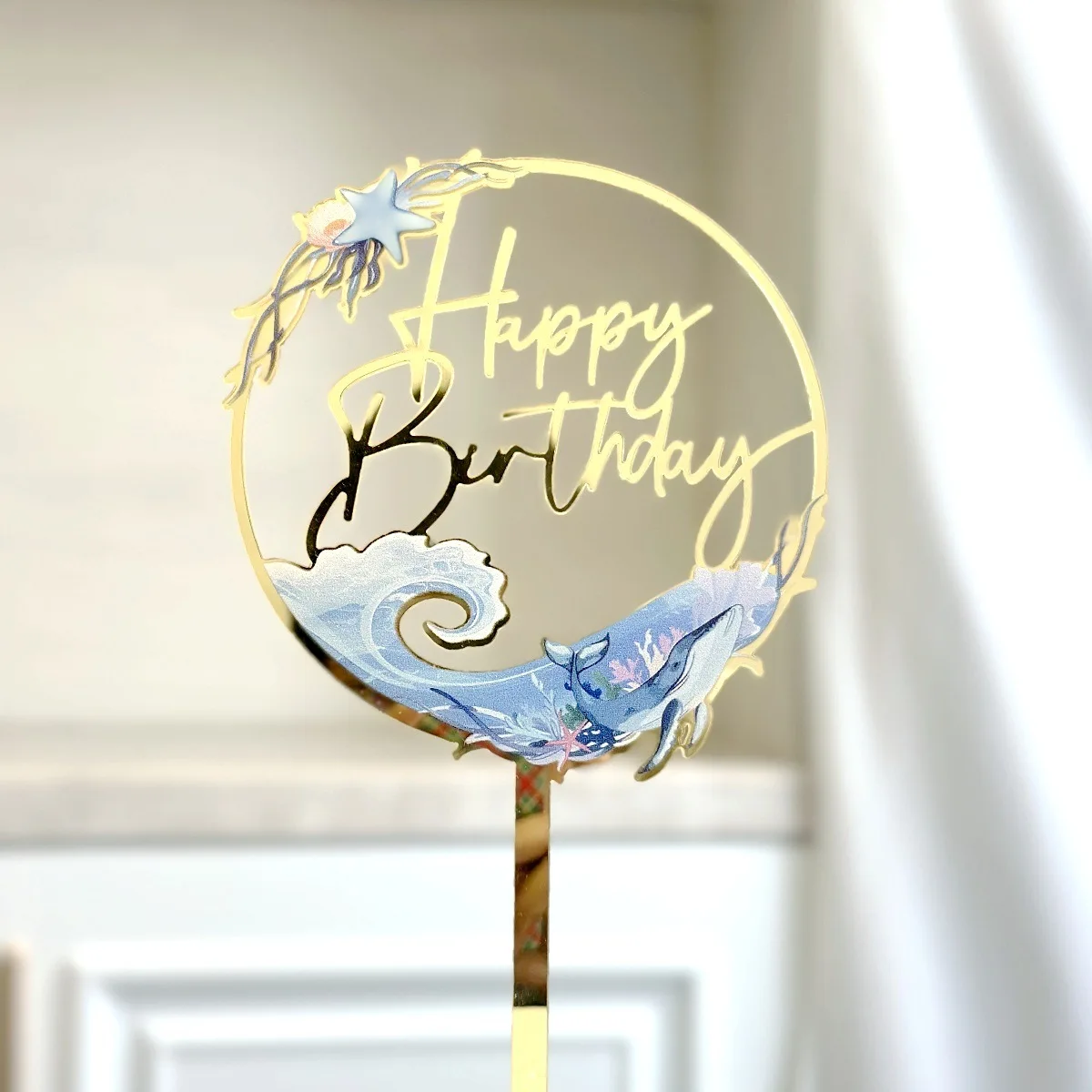 Cake Topper Cake Toppers Cake Decorations Gold Leaf Cake Decorations Birthday Party Supplies Party Decorations Ocean Wind Happy Birthday Acrylic Kids Party Dessert Decoration Baby Shower Gift