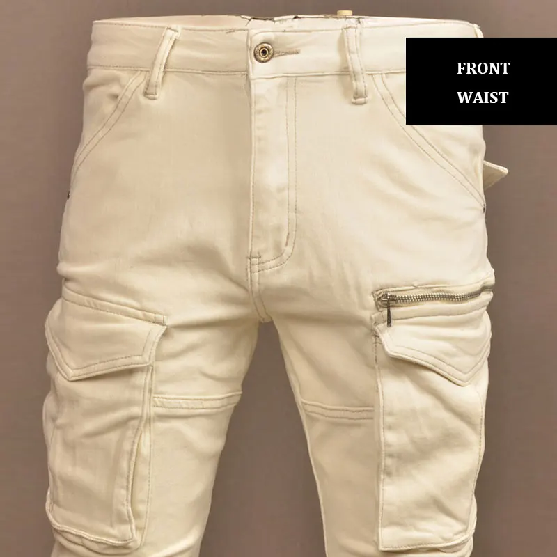 High Street Fashion Men Jeans Beige White Stretch Skinny Fit Spliced Biker Jeans Homme Pocket Designer Hip Hop Denim Pants Men