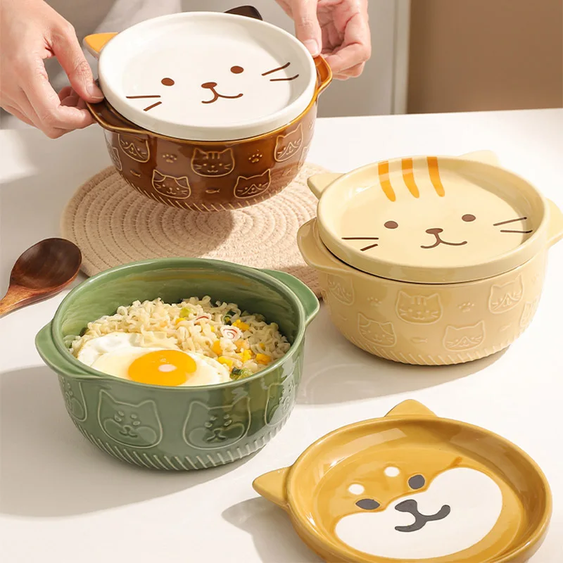 

Japanese Style Noodle Bowl Binaural Ceramic Bowl Covered Instant Dormitory Soup Bowl Cute Girl Dessert Plate Dish Sets Dish Sets