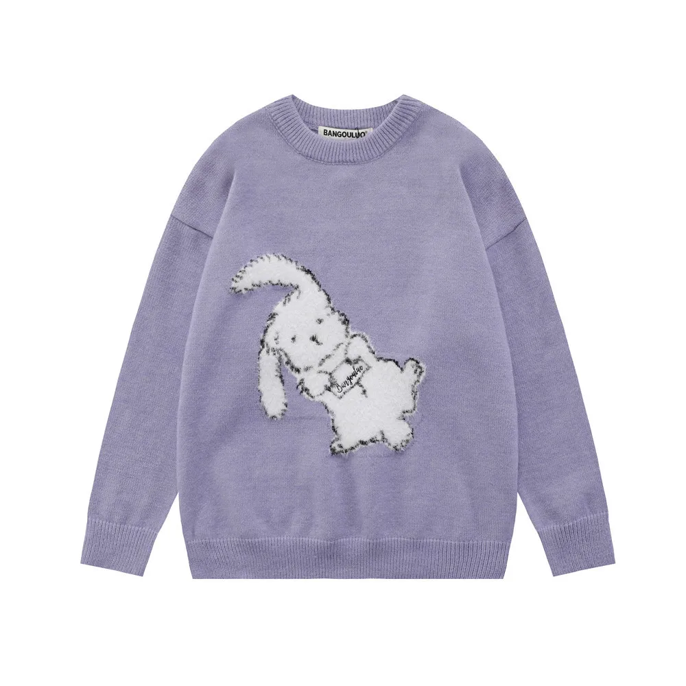 

2022 Men Sweater Streetwear Furry Bunny Embroidery Knitted Sweater Harajuku Pullover Autumn Cartoon Cotton Rabbit Sweater HipHop