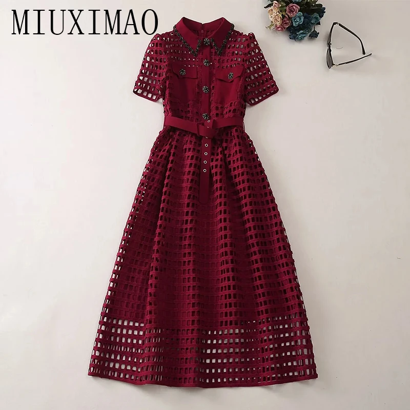 

MIUXIMAO 2023 Designer Spring&Summer Elegant Dress Short Sleeve Lapel Solid Diamond Hollow Fashion Long Dress Women Vestide