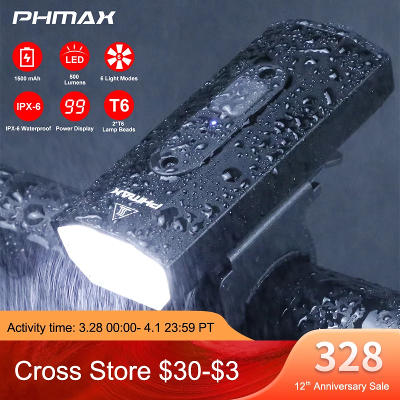 PHMAX Bicycle Flashlight 1500mAh 500 Lumens LED MTB Bike Front Light USB Rechargeable Rainproof Bike Lamp Set Bicycle Headlight