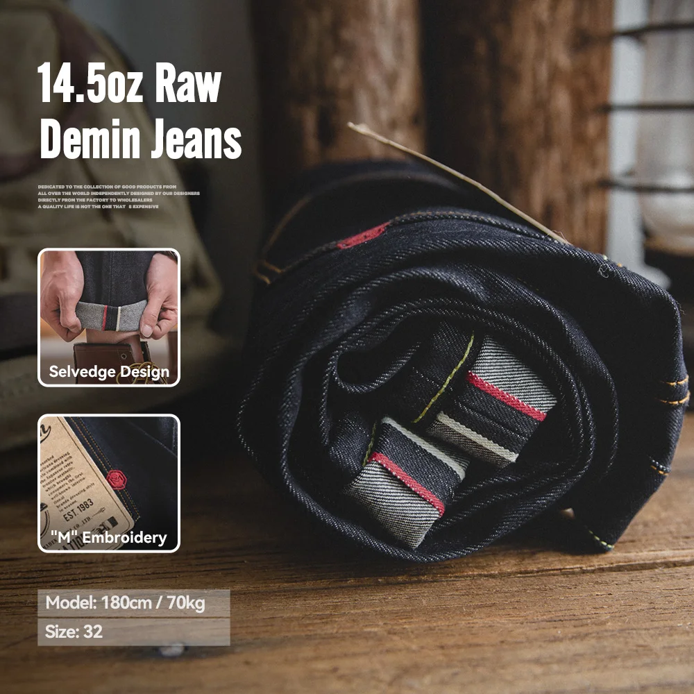 Florazan slim straight selvedge jeans for men showing the premium denim texture and leather patch.