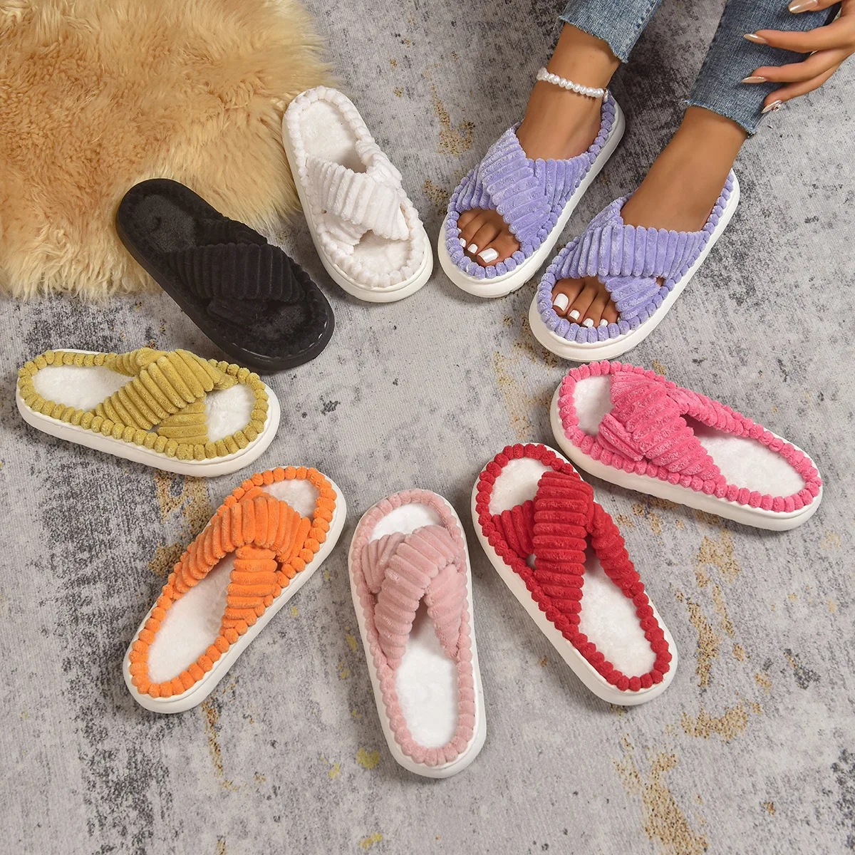 Casual Women's Slippers Home Flat Luxury Designer Woman Shoes New Indoor Platform Slides Autumn Winter Elegant Footwear Open Toe