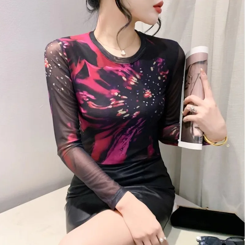 

#9126 Black Long Sleeve T Shirt Women Tie Dye Printed T-shirt Female Sexy Skinny Thin Elastic Mesh Vintage Tshirt Femme O-Neck