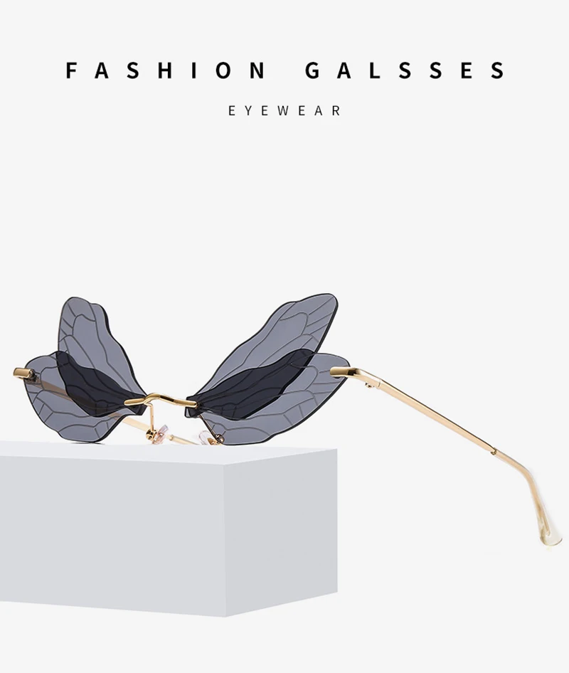 New Fashion Dragonfly Gradient Sunglasses Women Men Brand Design Rimless Wave Eyewear Luxury Trending Narrow Sun Glasses 1pc