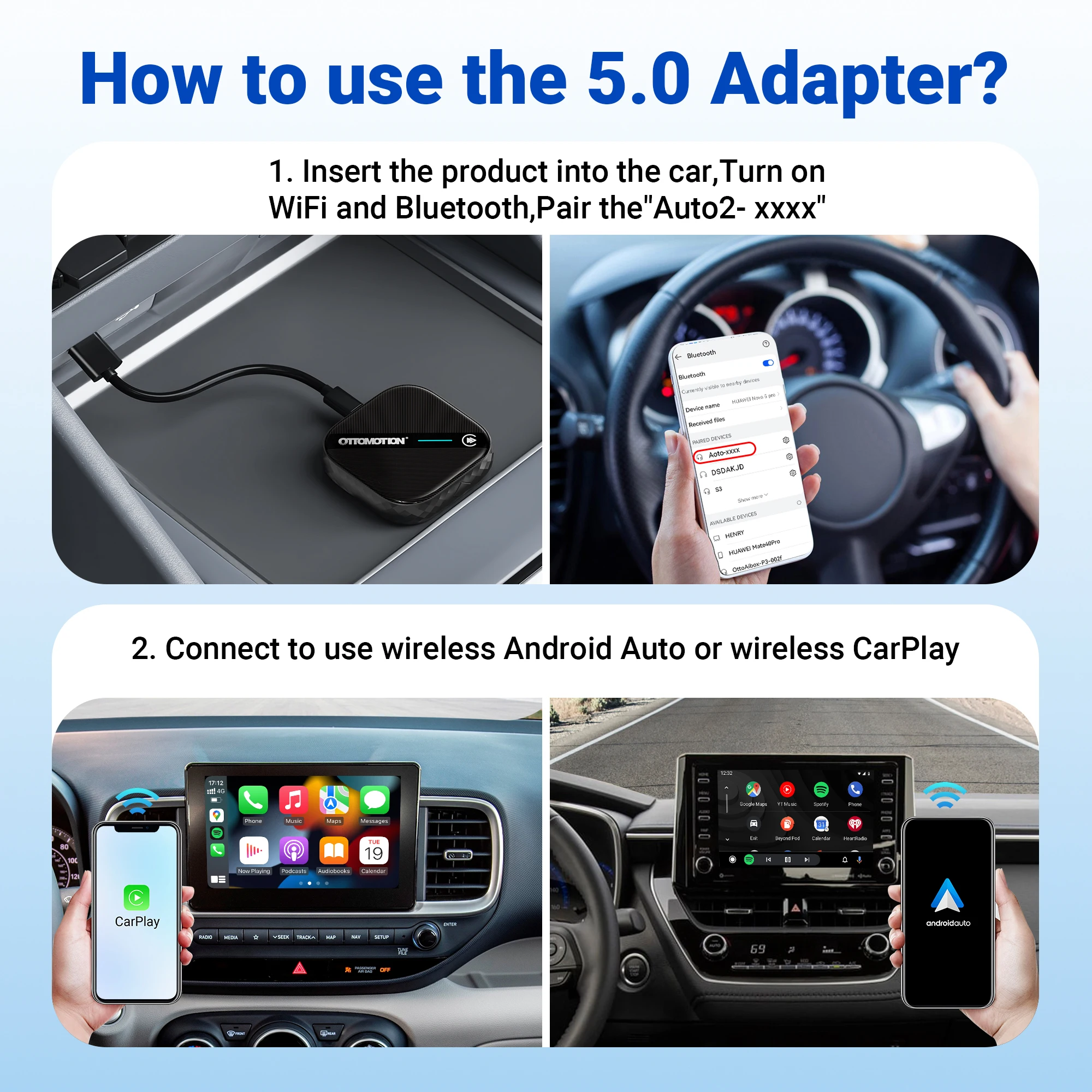 OTTOMOTION 5.0 Android Auto Wireless CarPlay Ai Box Wireless Adapter GPS Navigation for Volkswagen Benz Ford Kia Accessories