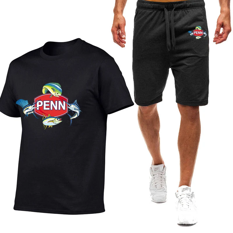 

Penn Fishing Reel 2023 Men New Summer Printed Solid Color Cotton Short Sleeves Casual O Neck T-shirt + Shorts Man 2-Pieces Sets