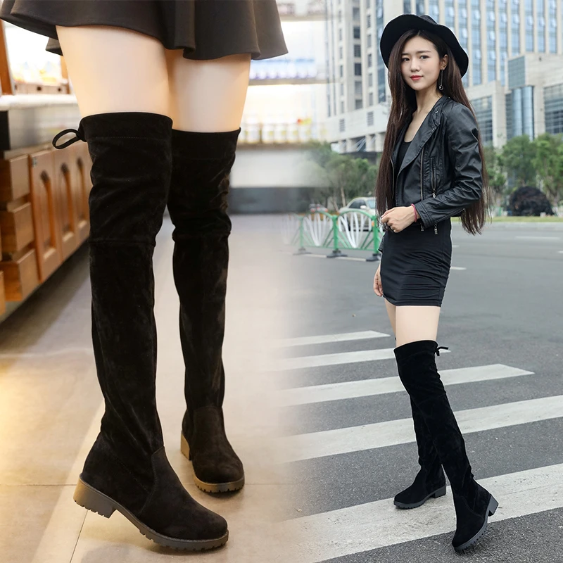 

Low Heels Keep Warm Women Boots Over The Knee Boots Woman Stretch Fabric Knee High Boots Female Autumn Women Shoe Botas Mujer